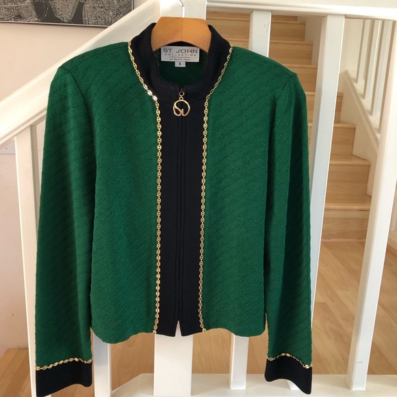 St. John Jackets & Blazers - St. John green navy sweater jacket gold details